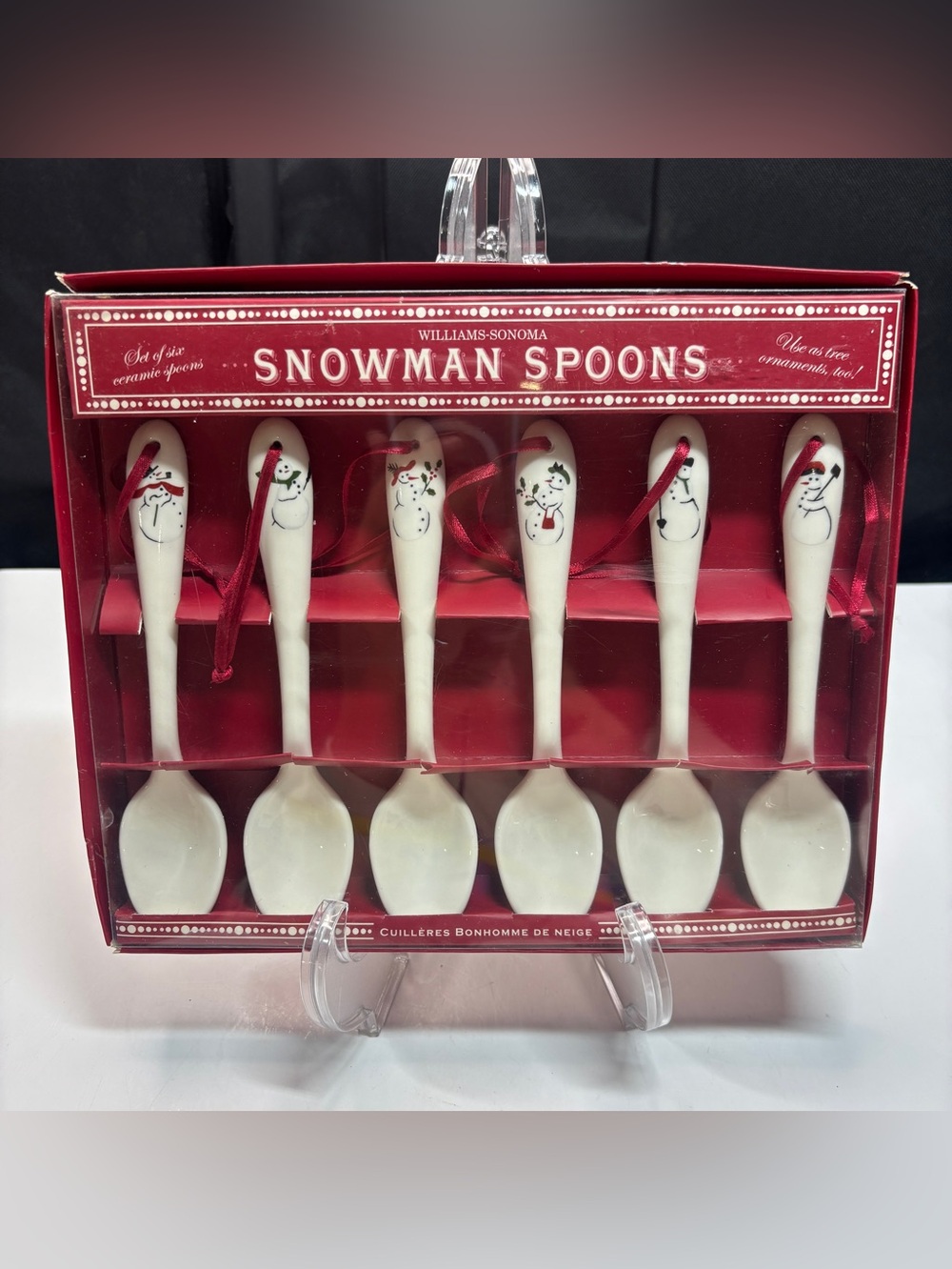 set of six white ceramic Williams-Sonoma Snowman Spoons